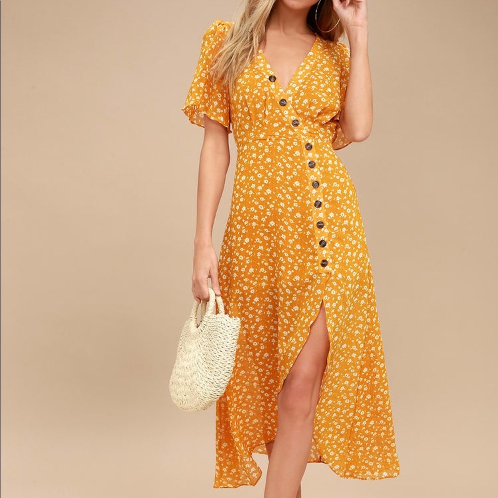 Lulu’s After-Bloom Delight Golden Yellow Floral Print Midi Dress - Size XL